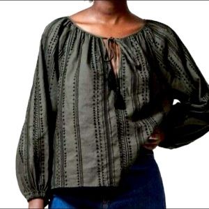 Zara Linen And Cotton Embroidered Blouse Dark Khaki Size XS